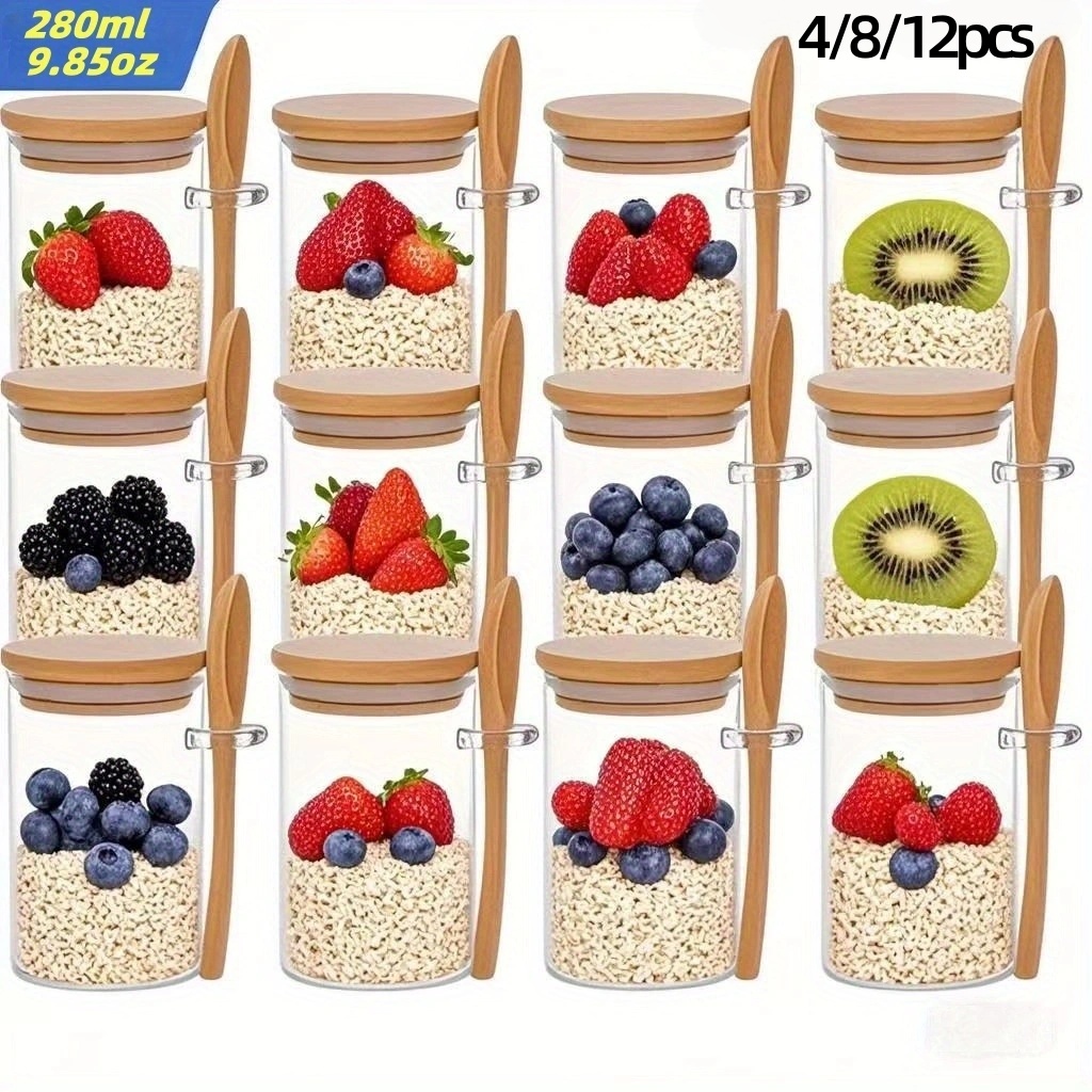 Glass Meal Prep Container - 4/8/12Pcs, Oatmeal Breakfast Cups with Lids