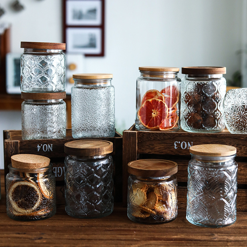 Food Storage Jars With Wooden Lids - Vintage Relief Engraving Glass Sealing Jars